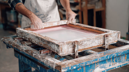 A skilled artisan prepares a screen for the printing process in a creative studio, demonstrating dedication to craft and attention to detail in the workspace.の素材