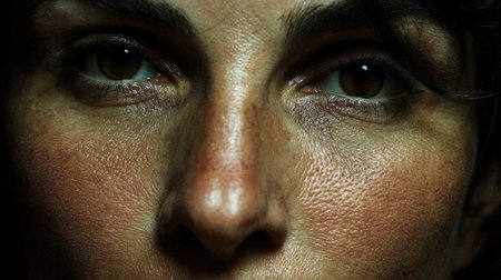 A striking close-up portrait of a woman's face, showcasing her natural beauty, emotions, and skin texture against a dark background. The image captures the essence of intimate expression, inviting viewers to connect with her gaze.の素材