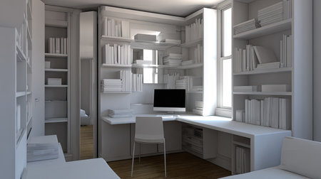 This image showcases a modern minimalist home office featuring white shelves filled with books and a sleek desk setup, creating an inviting workspace.の素材