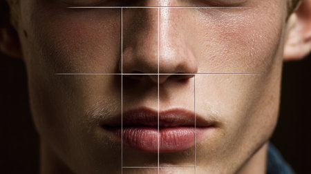 This image showcases a close-up portrait of a young male face, emphasizing the lips and unique facial features, ideal for beauty and fashion themes.の素材