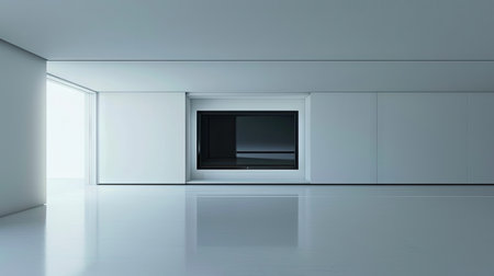 This modern minimalist living room features a large window that invites natural light, complemented by a sleek wall-mounted television, creating an airy atmosphere.の素材