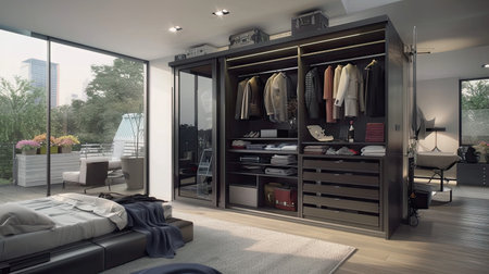 A beautifully designed minimalist closet showcasing elegant clothing and stylish accessories in a contemporary bedroom. The harmonious space emphasizes organization and modern aesthetics.の素材