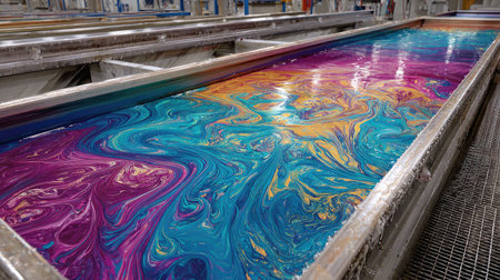 This image captures a stunning view of vibrant abstract colors swirling in an industrial tank. The dynamic patterns showcase an artistic blend of blue, purple, orange, and yellow hues, presenting a rich visual experience.の素材