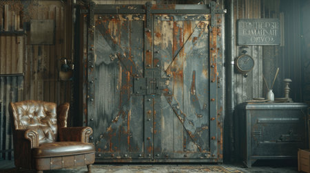 This image showcases a rustic industrial room featuring weathered metal doors and vintage furniture, creating an inviting, atmospheric space perfect for photography and design inspiration.の素材