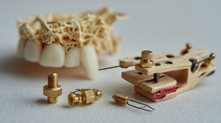 This image features a unique arrangement of vintage dental tools beside an artistic toothpiece. The intricate details and textures invite creative exploration in photography.の素材