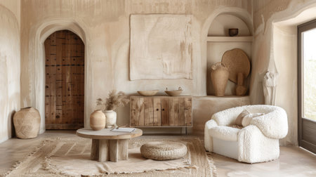 A beautifully designed minimalist living room featuring natural textures and earthy tones, creating an inviting and serene atmosphere for relaxation and comfort.の素材