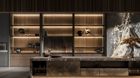 This image showcases a modern kitchen interior featuring elegant wooden shelves, warm lighting, and stylish dの素材