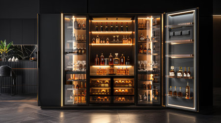 A sleek modern cabinet showcasing an impressive collection of premium spirits and elegant drinkware, perfect for luxury home entertainment and styling.の素材