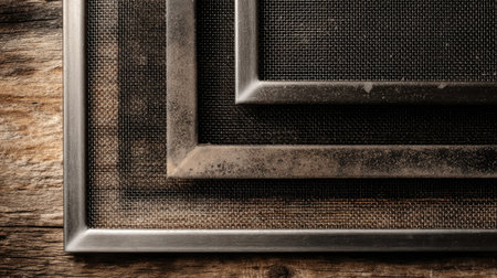 This image features a stylish arrangement of vintage metal frames over a rustic wood surface, showcasing intricate patterns and an elegant aesthetic ideal for artistic presentation.の素材