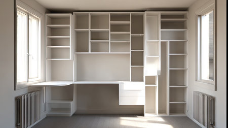 A modern and minimalist white shelving system with integrated desk space, designed to maximize organization in a bright and airy room.の素材