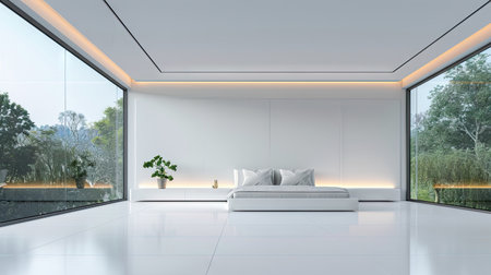 This serene minimalist bedroom showcases large windows that invite natural light and offer a tranquil outdoor landscape, creating a peaceful atmosphere.の素材