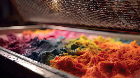 A detailed view of a variety of vibrant colors of dyed fabric in a textile workshop, demonstrating craftsmanship and artistic techniques in fabric dyeing.の素材