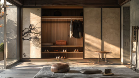 A serene and minimalist Japanese interior featuring an open closet, soft natural light, and a harmonious blend of traditional and modern elements.の素材