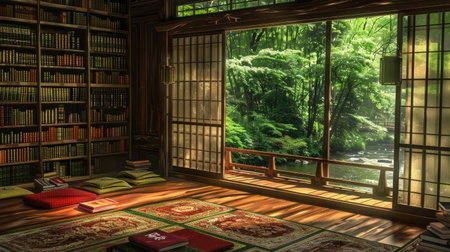 A tranquil library space captures the beauty of nature with sunlight streaming through a large window, offering a serene view of lush greenery.の素材