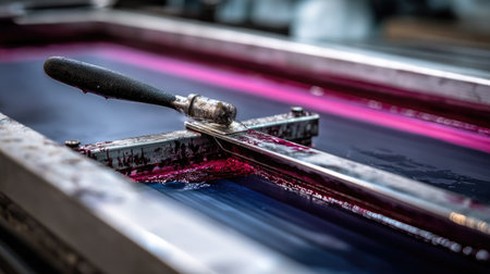 A detailed close-up image showcasing a squeegee resting on a vibrant ink surface in a screen printing workshop. This image captures the essence of creativity and craftsmanship in the art of printing.の素材