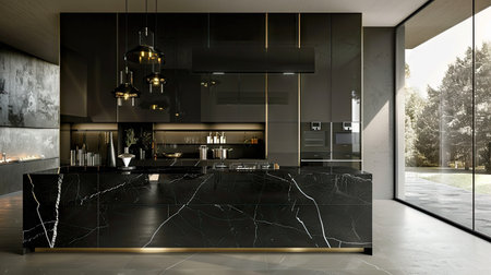 This modern kitchen showcases a luxurious black marble island, sleek cabinetry, and large windows that flood the space with natural light, creating an elegant cooking area.の素材