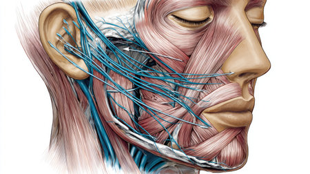 This detailed illustration showcases the complex anatomy of human face muscles and nerves, serving as a valuable resource for medical education and anatomical studies.の素材