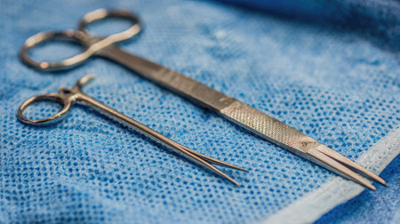 Close-up of surgical instruments including scissors and forceps placed on a blue surgical drape, highlighting their precision and importance for medical procedures.の素材