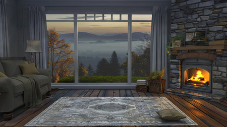 A cozy living room featuring a scenic mountain view at dusk. The warm fireplace adds inviting ambiance, with soft lighting and stylish decor elements.の素材