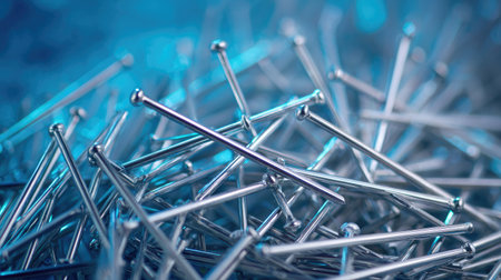 This close-up image showcases metallic pins creating an intriguing arrangement on a surface, illuminated by a soft blue light, ideal for industrial or artistic themes.の素材