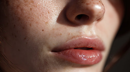 This striking close-up captures a woman's face, showcasing freckled skin and glossy lips. The warm lighting enhances the natural beauty and soft textures, perfect for beauty and skincare themes.の素材