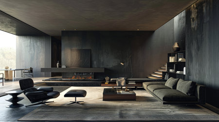 A stunning modern minimalist living room featuring stylish furniture, abundant natural light, and inviting textures that create a cozy ambiance.の素材