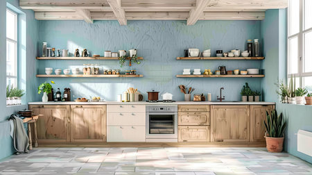 A modern kitchen showcasing open shelves filled with dishware and decorative items, complemented by natural light, plants, and a clean color scheme, creating a warm atmosphere.の素材