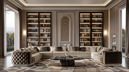 Experience the elegance of a modern living room featuring a spacious luxury sofa, stylish bookshelves filled with artful decor, and warm, inviting colors.の素材
