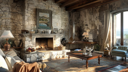 This image showcases a cozy rustic living room featuring a charming stone fireplace. Natural light highlights vintage decor, creating an inviting atmosphere for relaxation and gatherings.の素材
