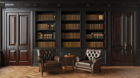 This image showcases a cozy reading nook featuring elegant leather armchairs and a wooden bookcase filled with books, creating a warm and inviting atmosphere.の素材