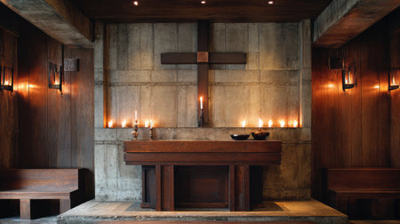 This image captures the minimalist interior of a modern chapel, featuring warm wooden elements, soft lighting, and a peaceful ambiance ideal for reflection.の素材