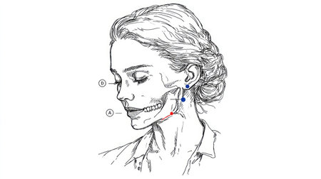 Detailed anatomical illustration showing a female skull and facial muscles, labeled with points for clear educational reference in medical studies.の素材