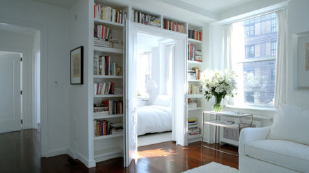 A bright and inviting living space showcasing modern interior design with elegant bookshelves, natural light, and a beautiful floral arrangement.の素材