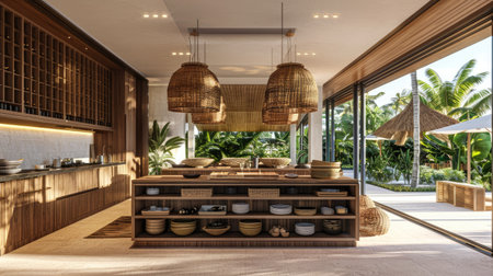 A beautifully designed modern kitchen featuring wooden elements, stylish decor, and expansive windows that offer a view of lush greenery and tropical surroundings.の素材