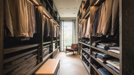 This modern walk-in closet features elegant wooden shelving, organized clothing, and a comfortable seating area, combining style and functionality in a cozy atmosphere.の素材