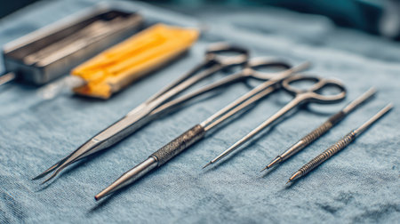 A detailed close-up image showcasing various surgical instruments neatly arranged on a blue cloth background, ideal for medical or healthcare visuals.の素材