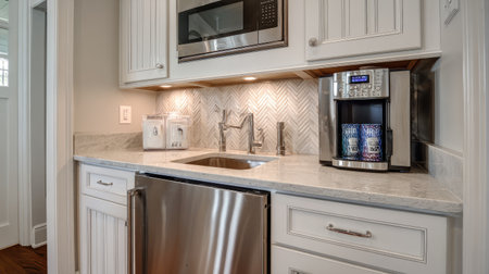 This image showcases a chic modern kitchen featuring elegant stainless steel appliances, clean countertops, and stylish cabinetry, perfect for contemporary homes.の素材