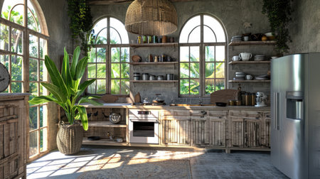 A beautifully designed rustic kitchen featuring ample natural light and lush greenery, creating a warm and inviting atmosphere perfect for cooking and gathering.の素材