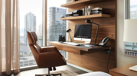 This image showcases a modern home office featuring a sleek desk, comfortable chair, and stylish decor. Natural light floods the space, creating an inviting atmosphere ideal for productivity and creativity in an urban setting.の素材