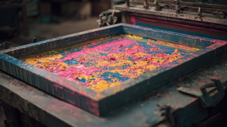 A vibrant scene depicting a printing screen filled with colorful ink, showcasing the creative process in an artistの素材