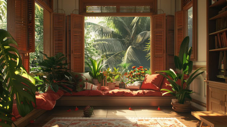 This inviting indoor space features a sunny window nook adorned with vibrant flowers and lush plants, creating a serene and tranquil atmosphere.の素材