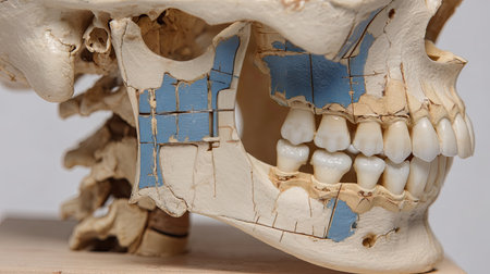 Detailed anatomical model of a human skull, showcasing the jaw structure and teeth with a cross-section view. Ideal for educational and medical purposes.の素材