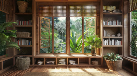 A tranquil indoor space featuring wooden shelves filled with books and adorned with lush greenery, inviting natural light for a serene atmosphere.の素材