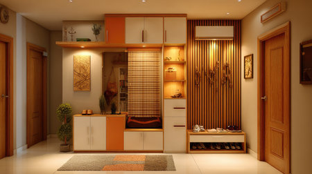 Explore a modern hallway featuring a stylish design with warm lighting and organized storage, creating a cozy and welcoming atmosphere for homes.の素材