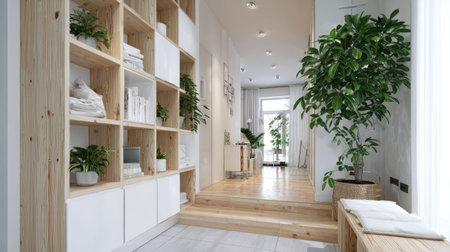 A sleek and airy hallway featuring wooden shelving, decorative plants, and stylish storage solutions that create a welcoming atmosphere in any home.の素材