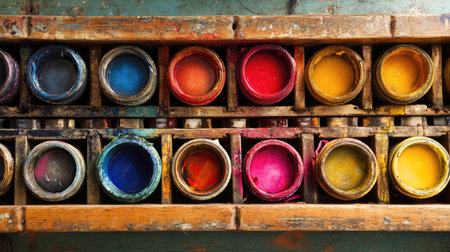 A vibrant collection of artist paints in various shades displayed in open containers on a rustic wooden palette, perfect for creativity and inspiration.の素材