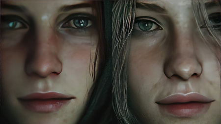 This close-up portrait captures two young women showcasing unique expressions and diverse hair textures in a softly lit environment, emphasizing their connection.の素材