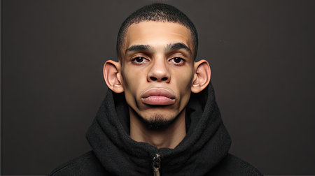 A striking portrait showcasing a young man with unique facial features and a serious expression. Perfect for themes of individuality and contemporary style.の素材