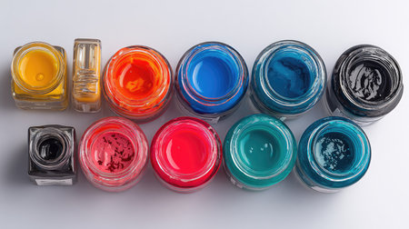 This image features a vibrant assortment of paint jars showcasing a variety of colors arranged on a clean white background, perfect for inspiring creativity.の素材