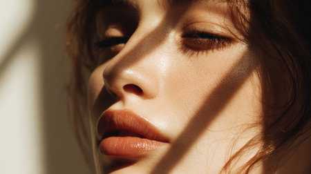 This close-up image captures a serene face illuminated by soft sunlight. Shadows gently kiss the smooth skin and full lips, creating a tranquil and beautiful atmosphere.の素材